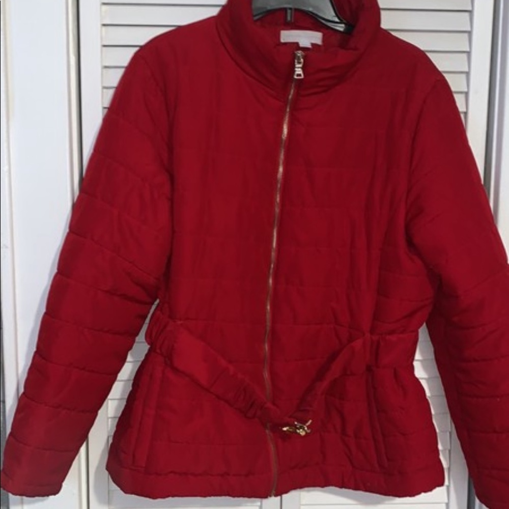 Red Puffer Coat with gold belt